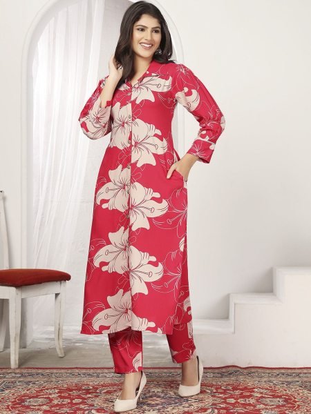 Premium Red Rayon and Chanderi Co Ord Set with Pocket Top for Daily Wear CO ORD Sets