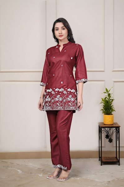 Premium Red Rayon Embroidered Co Ord Set for Women Stylish Summer Two Piece Casual Outfit CO ORD Sets