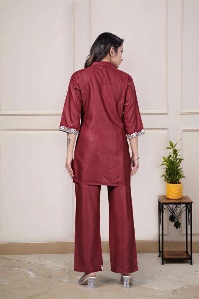 Premium Red Rayon Embroidered Co Ord Set for Women Stylish Summer Two Piece Casual Outfit CO ORD Sets