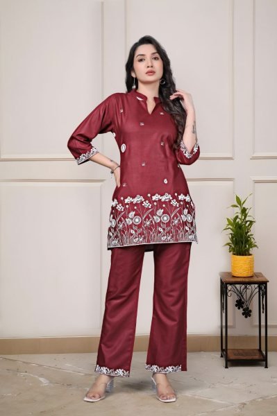 Premium Red Rayon Embroidered Co Ord Set for Women Stylish Summer Two Piece Casual Outfit CO ORD Sets
