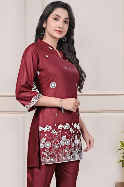 Premium Red Rayon Embroidered Co Ord Set for Women Stylish Summer Two Piece Casual Outfit CO ORD Sets