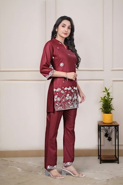 Premium Red Rayon Embroidered Co Ord Set for Women Stylish Summer Two Piece Casual Outfit CO ORD Sets