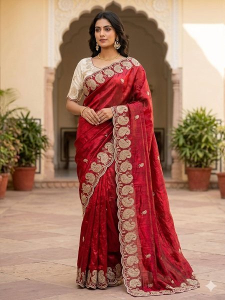 Premium Red Soft Space Silk Saree with Sequins   Zari Work for Wedding Wear Sarees 