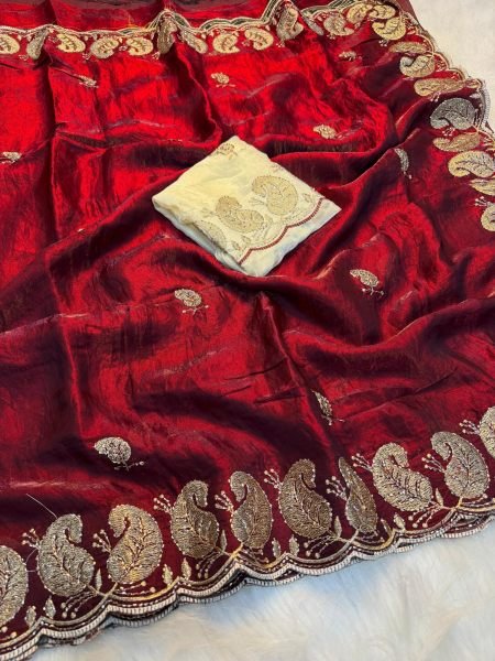 Premium Red Soft Space Silk Saree with Sequins   Zari Work for Wedding Wear Embroidery Sarees Wholesale
