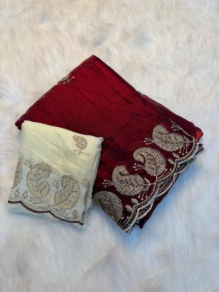 Premium Red Soft Space Silk Saree with Sequins   Zari Work for Wedding Wear Embroidery Sarees Wholesale