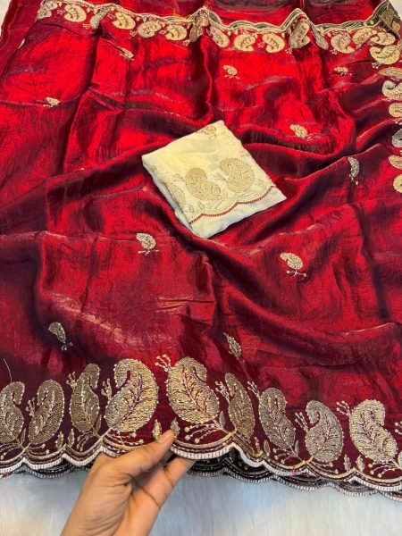 Premium Red Soft Space Silk Saree with Sequins   Zari Work for Wedding Wear Embroidery Sarees Wholesale