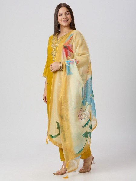 Premium Roman Silk Embroidered Kurti Pant Set with Chanderi Silk Digital Print Tassel Dupatta for Resellers and Retailers 