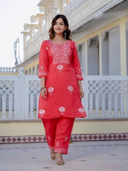 Premium Red Roman Silk Embroidered Kurti Pant Set for Women Ready to Wear Designer Ethnic Wear Kurtis