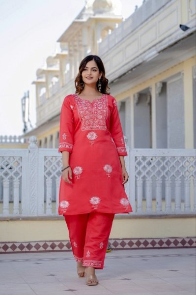 Premium Red Roman Silk Embroidered Kurti Pant Set for Women Ready to Wear Designer Ethnic Wear Embroidery Kurtis 