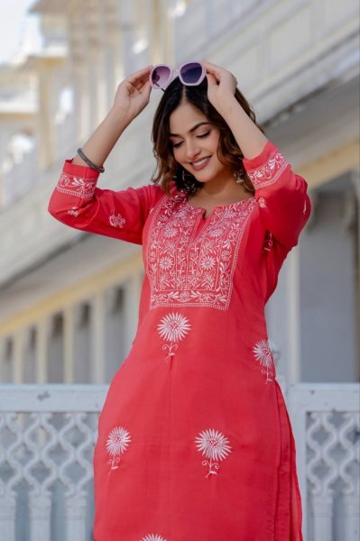 Premium Red Roman Silk Embroidered Kurti Pant Set for Women Ready to Wear Designer Ethnic Wear Embroidery Kurtis 