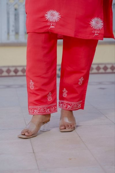 Premium Red Roman Silk Embroidered Kurti Pant Set for Women Ready to Wear Designer Ethnic Wear Embroidery Kurtis 