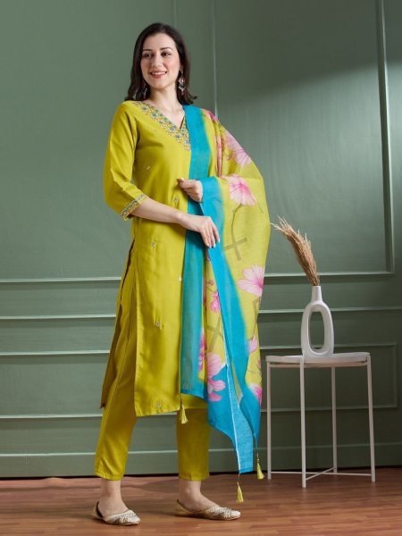 Premium Roman Silk Embroidered Kurti Pant Set with Chanderi Silk Digital Print Tassel Dupatta for Resellers and Retailers Embroidery Kurtis 