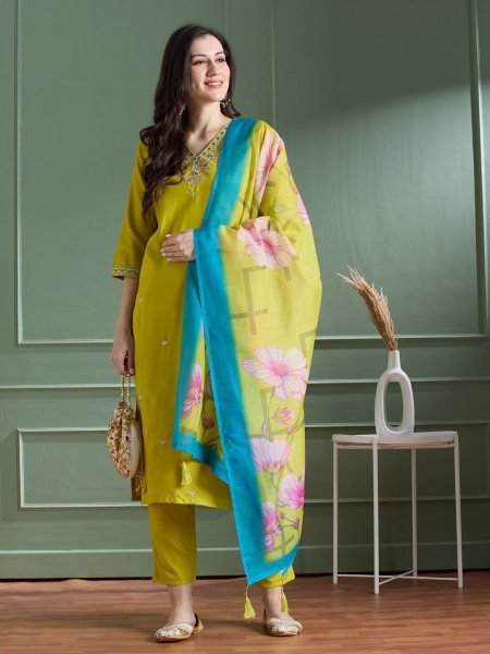 Premium Roman Silk Embroidered Kurti Pant Set with Chanderi Silk Digital Print Tassel Dupatta for Resellers and Retailers Embroidery Kurtis 