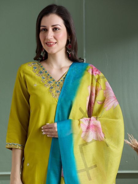 Premium Roman Silk Embroidered Kurti Pant Set with Chanderi Silk Digital Print Tassel Dupatta for Resellers and Retailers Embroidery Kurtis 