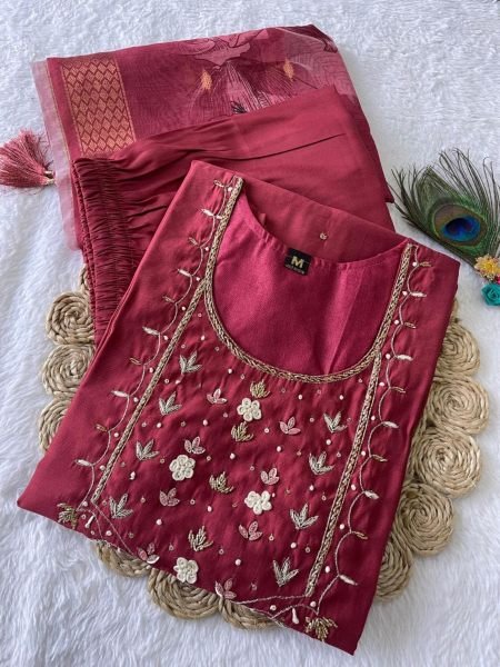  Premium Roman Silk Kurti Pant With Dupatta  3 Piece Kurti Set