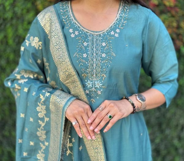 Premium Roman Silk Kurti Pant Set with Jacquard Muslin Dupatta 3 Piece Ready to Wear Collection at Best Wholesale Price  Straight Cut Long Kurtis