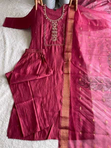 Premium Roman Silk Kurti Pant With Dupatta  3 Piece Kurti Set