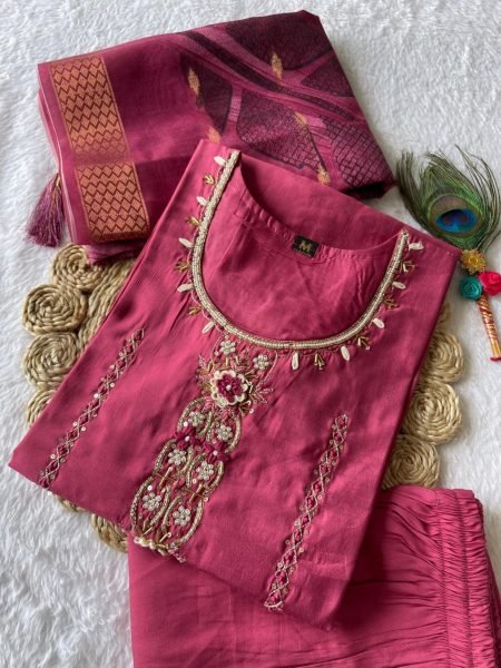 Premium Roman Silk Kurti Pant With Dupatta  3 Piece Kurti Set