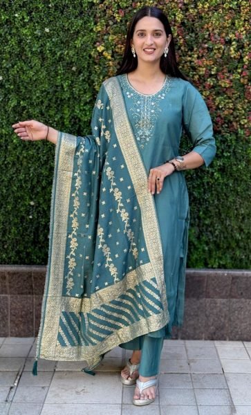 Premium Roman Silk Kurti Pant Set with Jacquard Muslin Dupatta 3 Piece Ready to Wear Collection at Best Wholesale Price  Straight Cut Long Kurtis