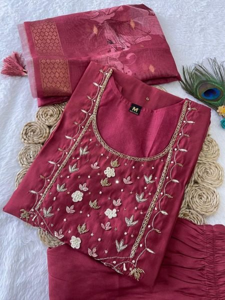  Premium Roman Silk Kurti Pant With Dupatta  3 Piece Kurti Set