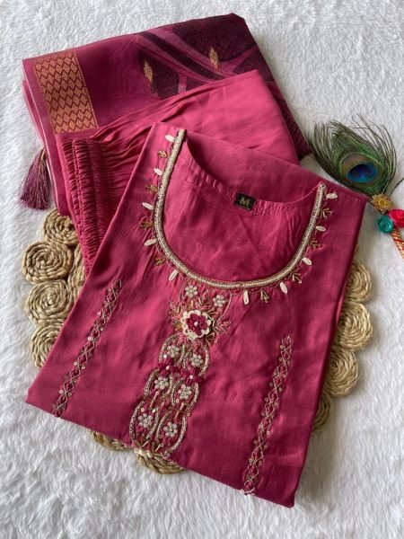 Premium Roman Silk Kurti Pant With Dupatta  3 Piece Kurti Set