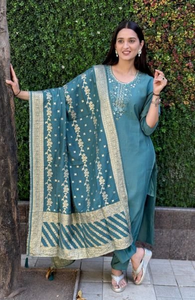 Premium Roman Silk Kurti Pant Set with Jacquard Muslin Dupatta 3 Piece Ready to Wear Collection at Best Wholesale Price  Straight Cut Long Kurtis