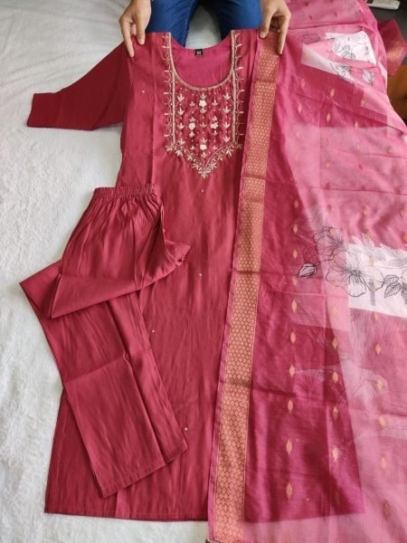  Premium Roman Silk Kurti Pant With Dupatta  3 Piece Kurti Set