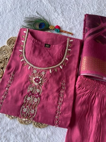 Premium Roman Silk Kurti Pant With Dupatta  3 Piece Kurti Set