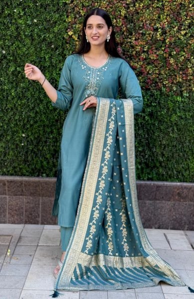 Premium Roman Silk Kurti Pant Set with Jacquard Muslin Dupatta 3 Piece Ready to Wear Collection at Best Wholesale Price  Straight Cut Long Kurtis