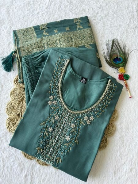 Premium Roman Silk Kurti Pant Set with Jacquard Muslin Dupatta 3 Piece Ready to Wear Collection at Best Wholesale Price  Straight Cut Long Kurtis
