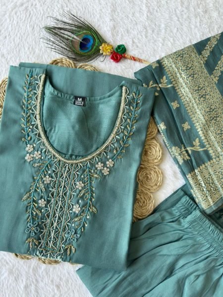 Premium Roman Silk Kurti Pant Set with Jacquard Muslin Dupatta 3 Piece Ready to Wear Collection at Best Wholesale Price  Straight Cut Long Kurtis