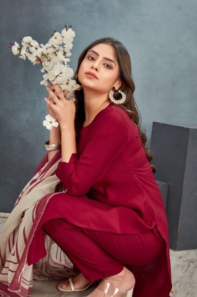 Premium Roman Silk Kurti Set Maroon Straight Kurta with Pant  Dupatta 3 Piece Suit Manufacturer Rate 3 Piece Kurti Set