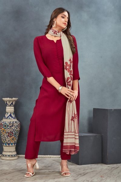 Premium Roman Silk Kurti Set Maroon Straight Kurta with Pant  Dupatta 3 Piece Suit Manufacturer Rate 3 Piece Kurti Set