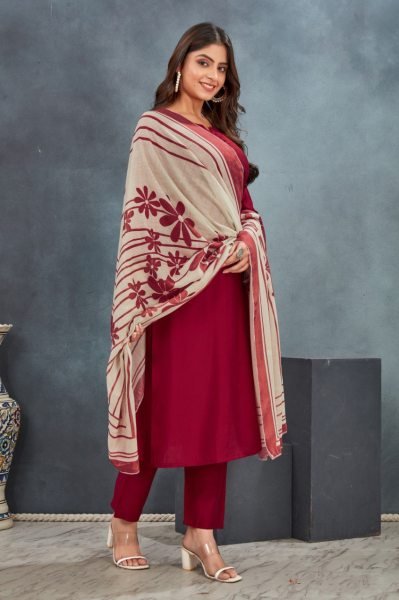 Premium Roman Silk Kurti Set Maroon Straight Kurta with Pant  Dupatta 3 Piece Suit Manufacturer Rate 3 Piece Kurti Set