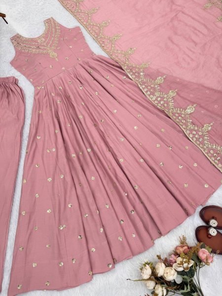 Premium Roman Silk Long Anarkali with Sequence Embroidery Work Pant and Dupatta Set Eid Special Ethnic Wear Ready To Wear Collection