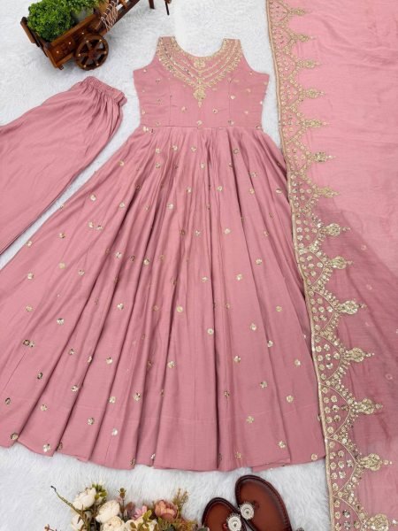 Premium Roman Silk Long Anarkali with Sequence Embroidery Work Pant and Dupatta Set Eid Special Ethnic Wear Ready To Wear Collection