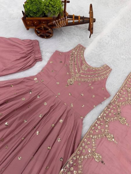 Premium Roman Silk Long Anarkali with Sequence Embroidery Work Pant and Dupatta Set Eid Special Ethnic Wear Ready To Wear Collection