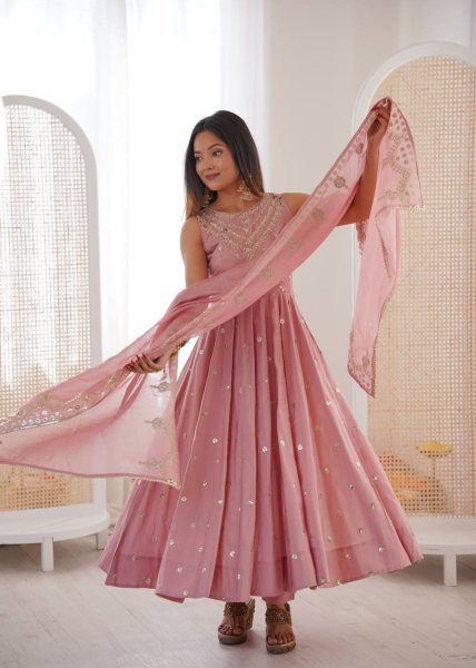 Premium Roman Silk Long Anarkali with Sequence Embroidery Work Pant and Dupatta Set Eid Special Ethnic Wear Ready To Wear Collection