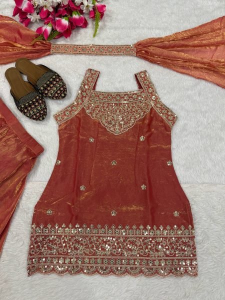 Premium Rust Peach Embroidered Sharara Suit with Dupatta for Wedding Functions Ready To Wear Collection