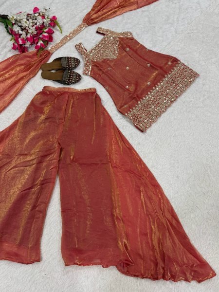 Premium Rust Peach Embroidered Sharara Suit with Dupatta for Wedding Functions Ready To Wear Collection