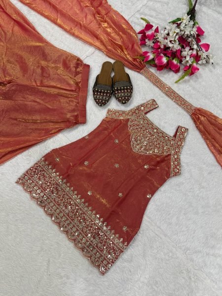 Premium Rust Peach Embroidered Sharara Suit with Dupatta for Wedding Functions Ready To Wear Collection