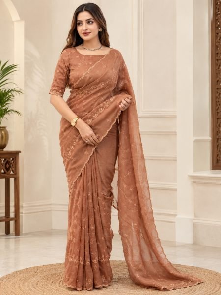 Premium Rust Status Silk Saree with Self Zari and Sequin Work For Wedding Wear Sarees 