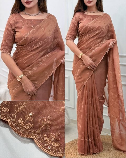 Premium Rust Status Silk Saree with Self Zari and Sequin Work For Wedding Wear Silk Sarees Wholesale