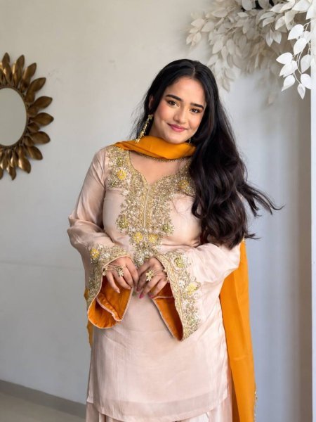 Premium Satin Glass Farshi Suit Set with Moti Embroidery 