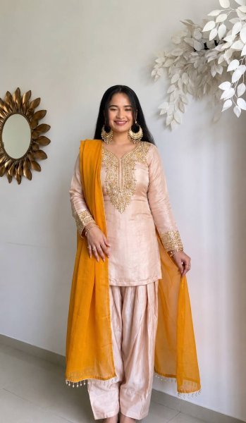 Premium Satin Glass Farshi Suit Set with Moti Embroidery Ready To Wear Collection