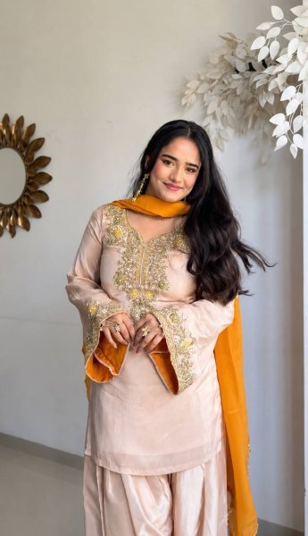 Premium Satin Glass Farshi Suit Set with Moti Embroidery Ready To Wear Collection