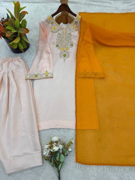 Premium Satin Glass Farshi Suit Set with Moti Embroidery Ready To Wear Collection