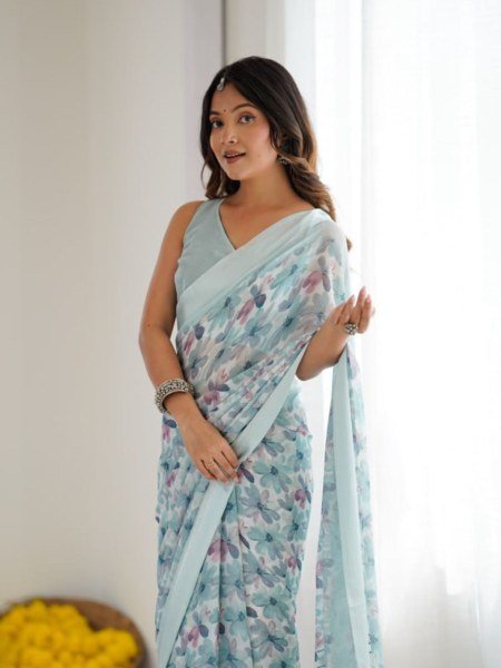 Premium Satin Moss Printed Saree with Glossy Finish Perfect for Celebrations Sarees 