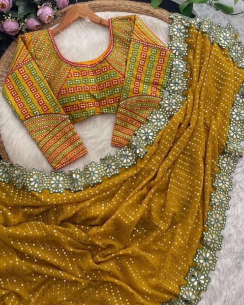 Premium Sequin Mirror Saree with Cutwork Border Ready to Wear Style Designer Wedding Sarees Wholesale