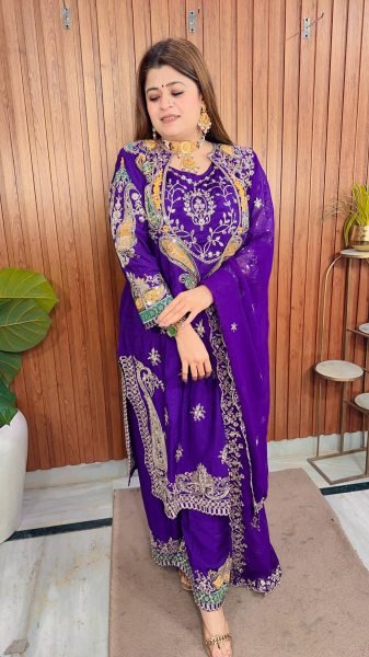 Premium Series Purple Embellished Kurti Pant Set with Blouse And Sequins Work Dupatta Ready To Wear Collection